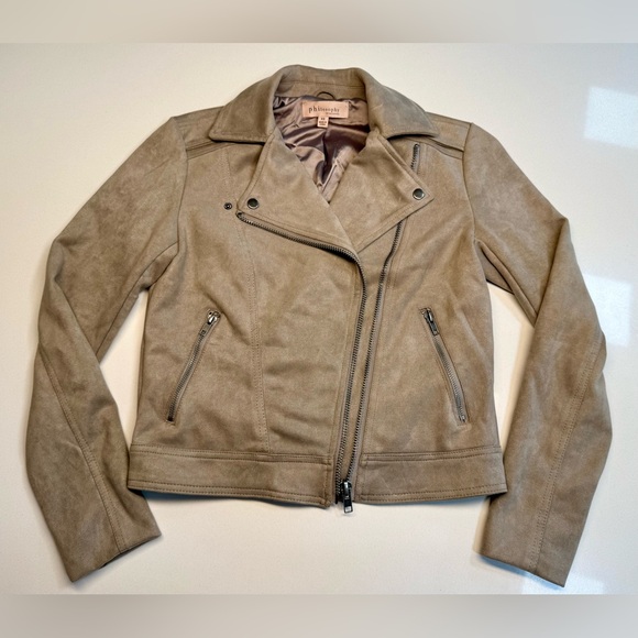 PHILOSOPHY Faux Leather/Suede Zip Up Moto Bomber Jacket Size XS in Taupe - Picture 5 of 15